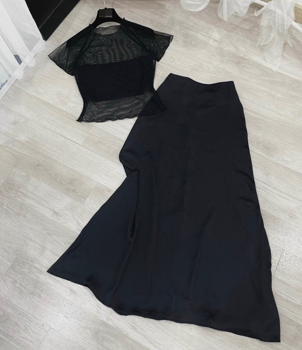ĐẦM ĐEN SET ÁO CROPTOP LƯỚI + CHÂN VÁY DÀI LƯNG CAO ỐNG RỘNG CHỮ A ĐI TIỆC ĐI CHƠI NOEL DẠO PHỐ