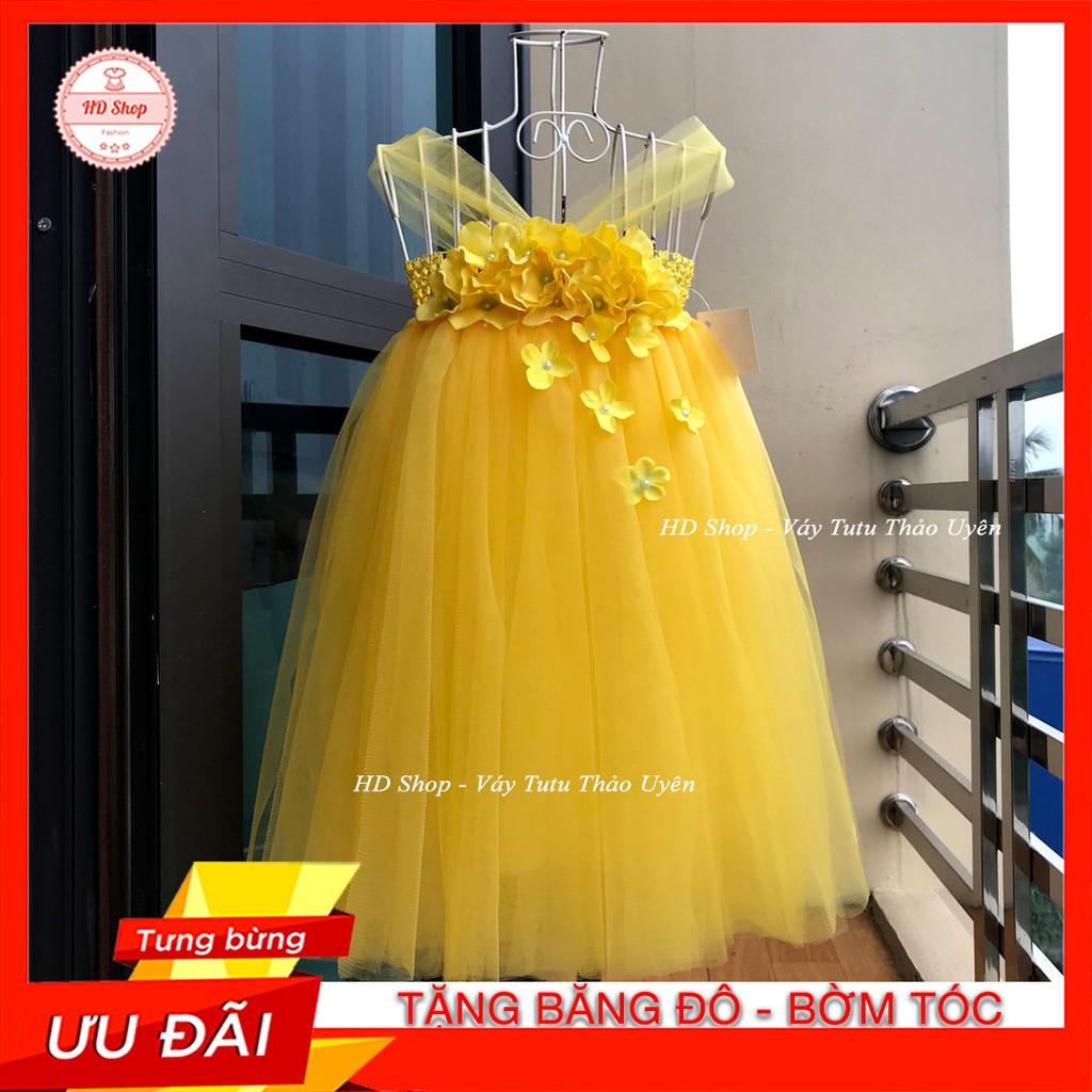 VÁY ĐẦM BÉ GÁI VÁY BÉ GÁI VÀNG ĐÍNH HOA TÚ CẦU 1 TUỔI ĐẾN 6 TUỔI