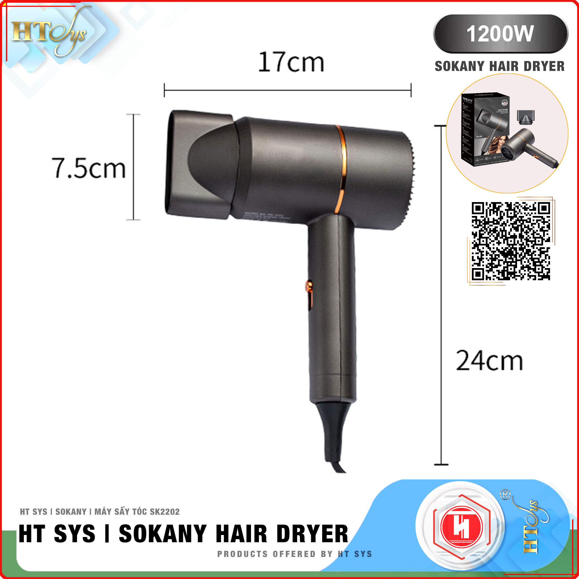 Máy sấy tóc ion âm HT SYS - SOKANY2202 - Kiểu dáng sang trọng, tiện lợi, công suất 1200W chuyên dụng tại nhà và hair salon - Máy sấy bổ sung ion dưỡng ẩm làm mềm mượt tóc - [Hàng Nhập Khẩu]