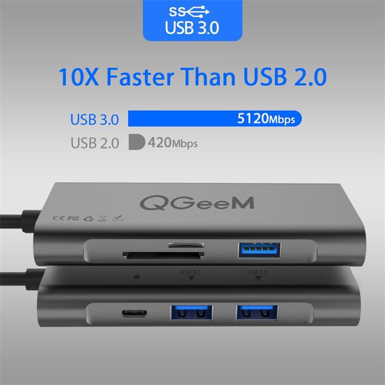 Bộ Hub USB C QGeeM 7 trong 1 4K Type C sang HDMI, 3 x USB 3.0, 1 x USB-C sạc nhanh PD 100w, 1 khe đọc thẻ SD&amp;TF tương thích với MacBook Pro 13/15 (Thunderbolt 3), 2018 Mac Air, Chromebook Type C Adapter - Hàng Chính Hãng