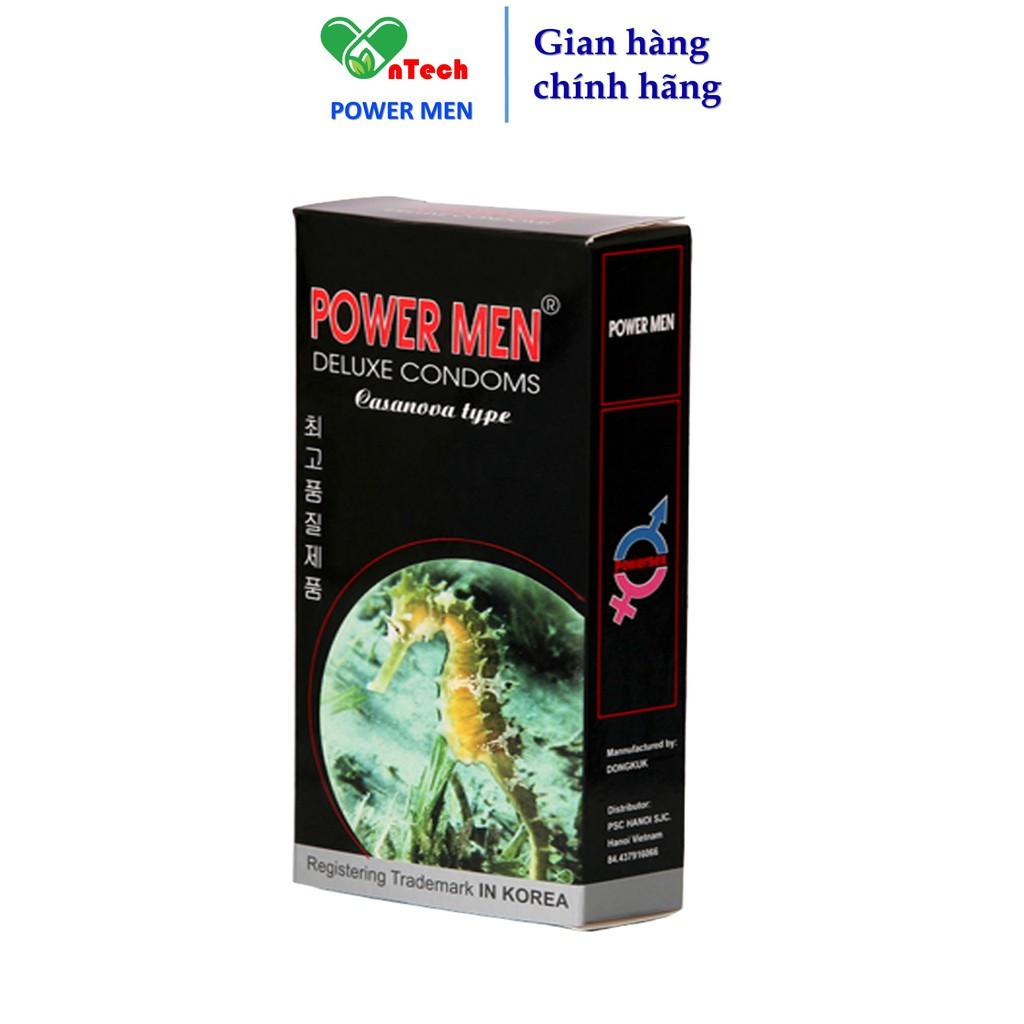 Bao cao su Powermen siêu mỏng gân gai nổi chứa 5% Benzocain kéo dài thời gian Cá Ngựa Đen hộp 12 chiếc