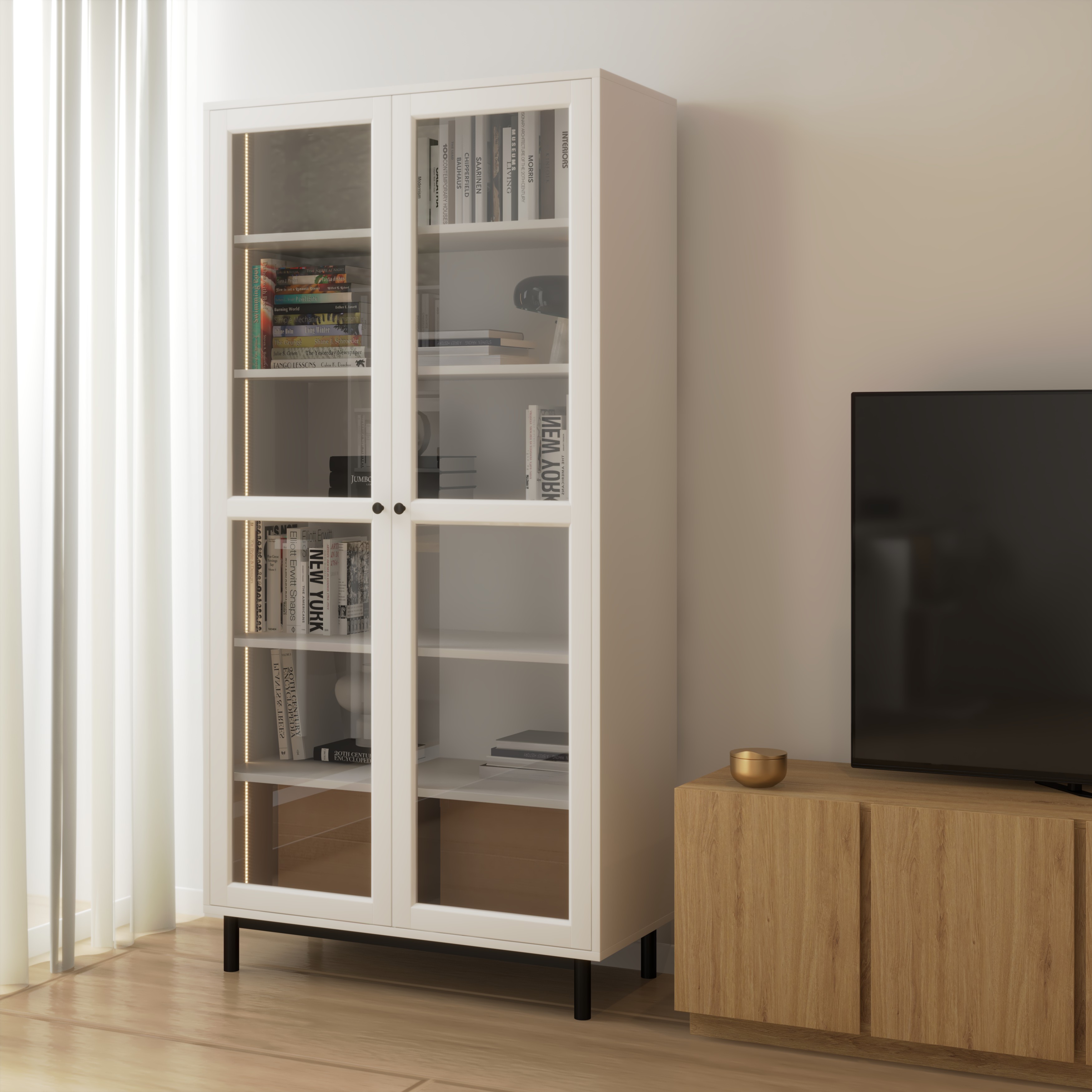 CATY, Kệ sách 2 cửa kính - đèn LED - chân sắt, 90cm x 39cm x 180cm , KSA_021_LED