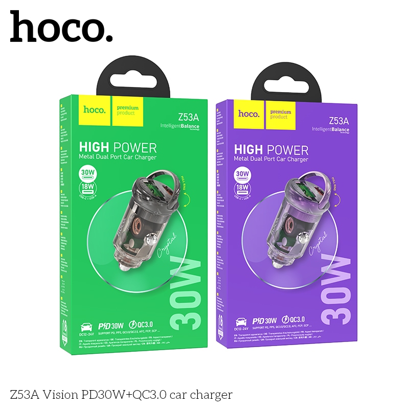 Tẩu sạc 30W (Type C + USB) Hoco Z53a nhỏ gọn sạc nhanh cho điện thoại Samsung/ iP/ Xiaomi _ Hàng chính hãng