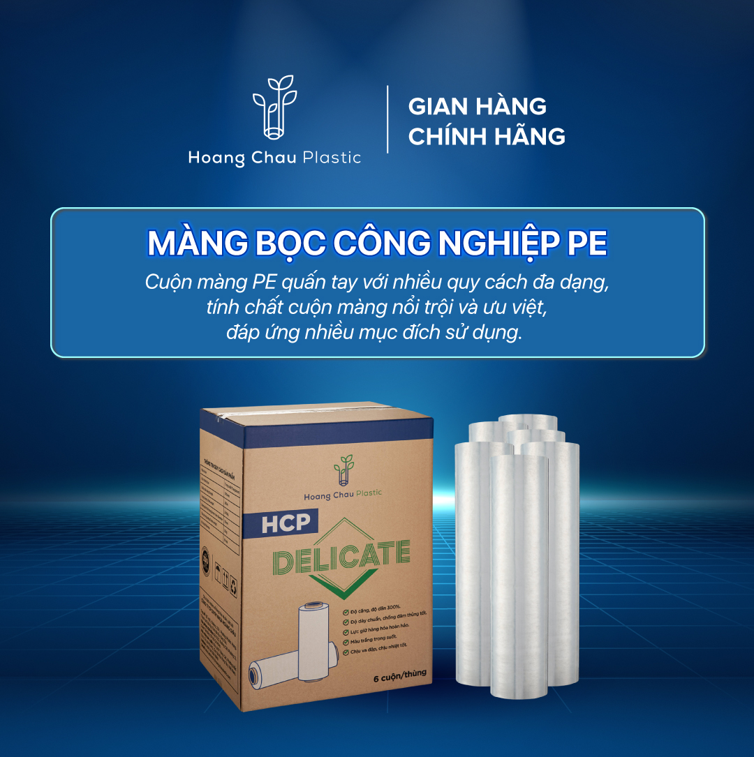 Cuộn Pe Quấn Hàng Delicate HOÀNG CHÂU PLASTIC Khổ 16mic x 500mm x 2.65kg Bám Dính Được Trên Nhiều Bề Mặt Như Kim Loại, Nhựa, Gỗ