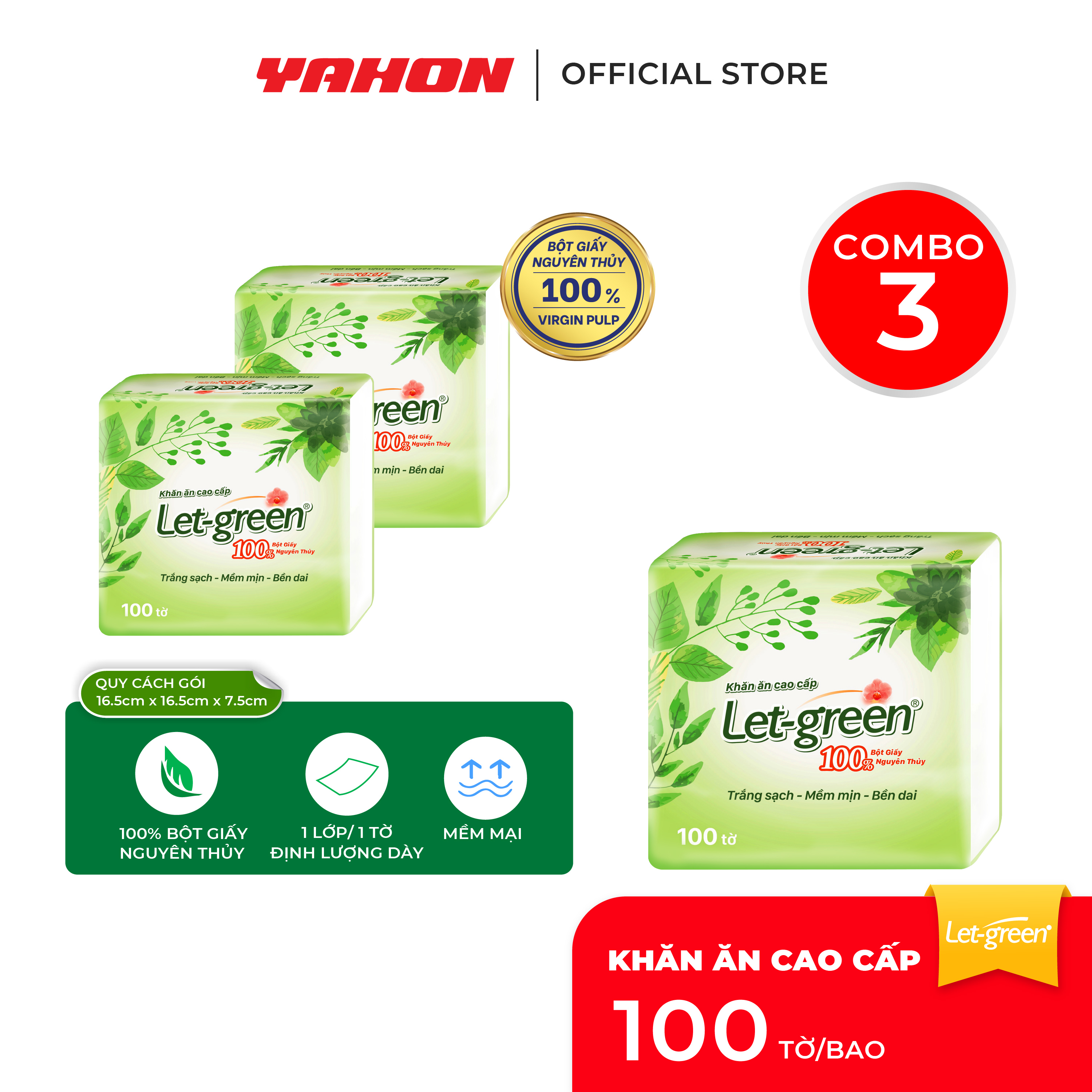 Combo Bao Khăn ăn cao cấp 33*33cm Let-green, 100 Tờ/Bao