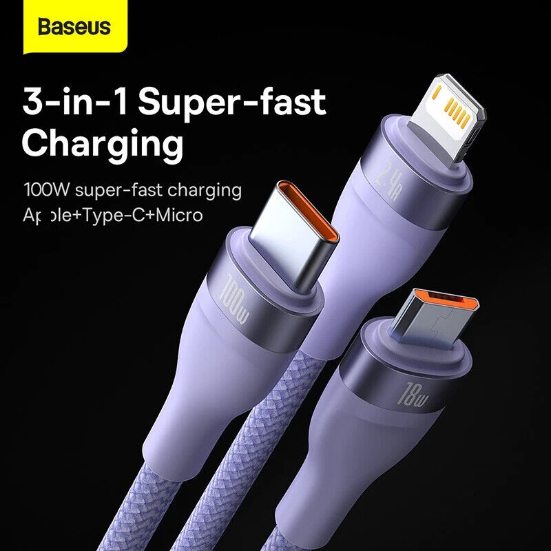 Cáp sạc nhanh đa năng 3 đầu Baseus Flash Series II 3in1 Fast Charging Cable (USB-A+ Type C to Micro + L + Type C, 100W) -Hàng chính hãng