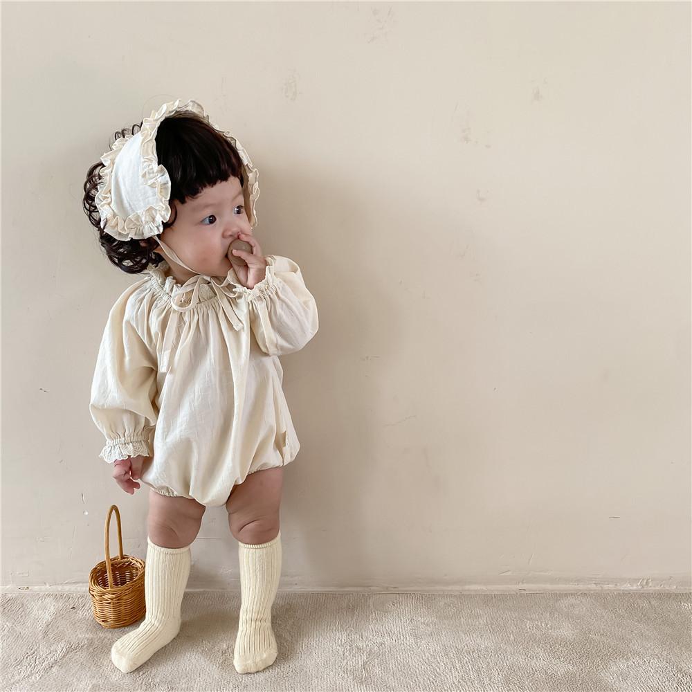 2021 Thu Sơ Sinh Bé Gái Bodysuit Màu Bé Gái Cotton Quần Áo Trẻ Sơ Sinh Bé Gái Tay Dài Jumpsuit Ren Dây Đeo Đầu