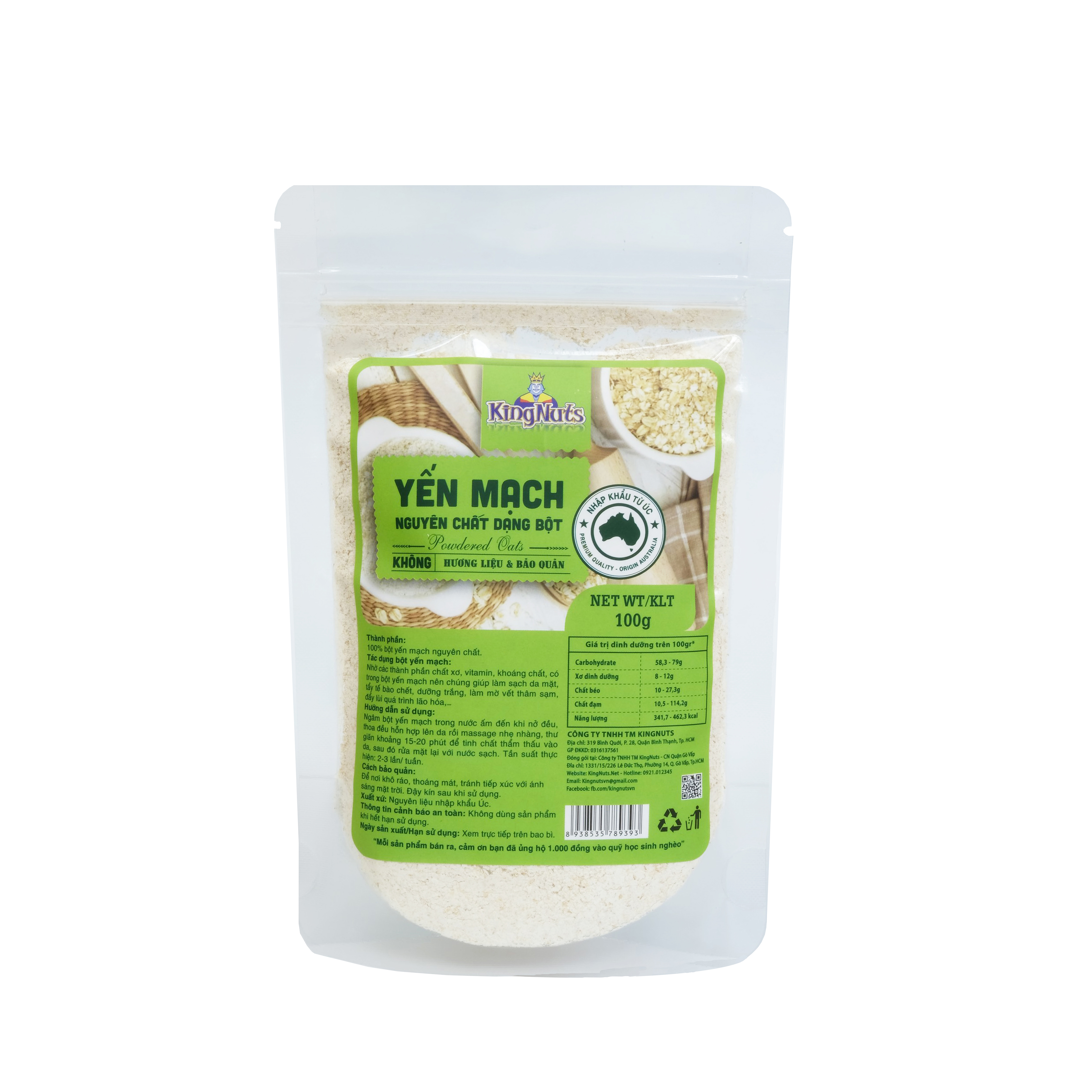 Bột yến mạch KingNuts 100g - Nguyên liệu nhập Úc, nguyên cám, dùng làm bánh, cho bé ăn dặm, đắp mặt, tẩy tế bào chết