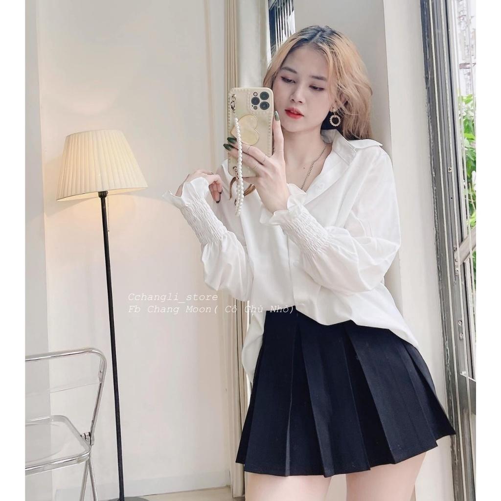 Áo Sơ Mi Nữ Trắng Trơn Dài Tay Chun Form Rộng Dáng Suông tại ThunderUniex Ulzzang Vintage Hàn Quốc Freesize