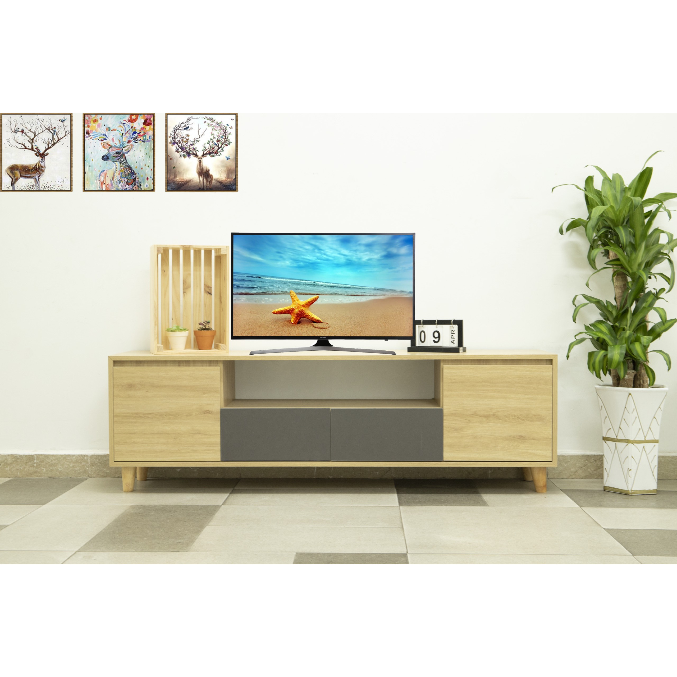 KỆ TIVI TRANG TRÍ NHÀ CỬA GỖ MDF [SIZE1m6] MÀU PHỐI GỖ+XÁM -TV SHELF GREY+NATURAL 1M6