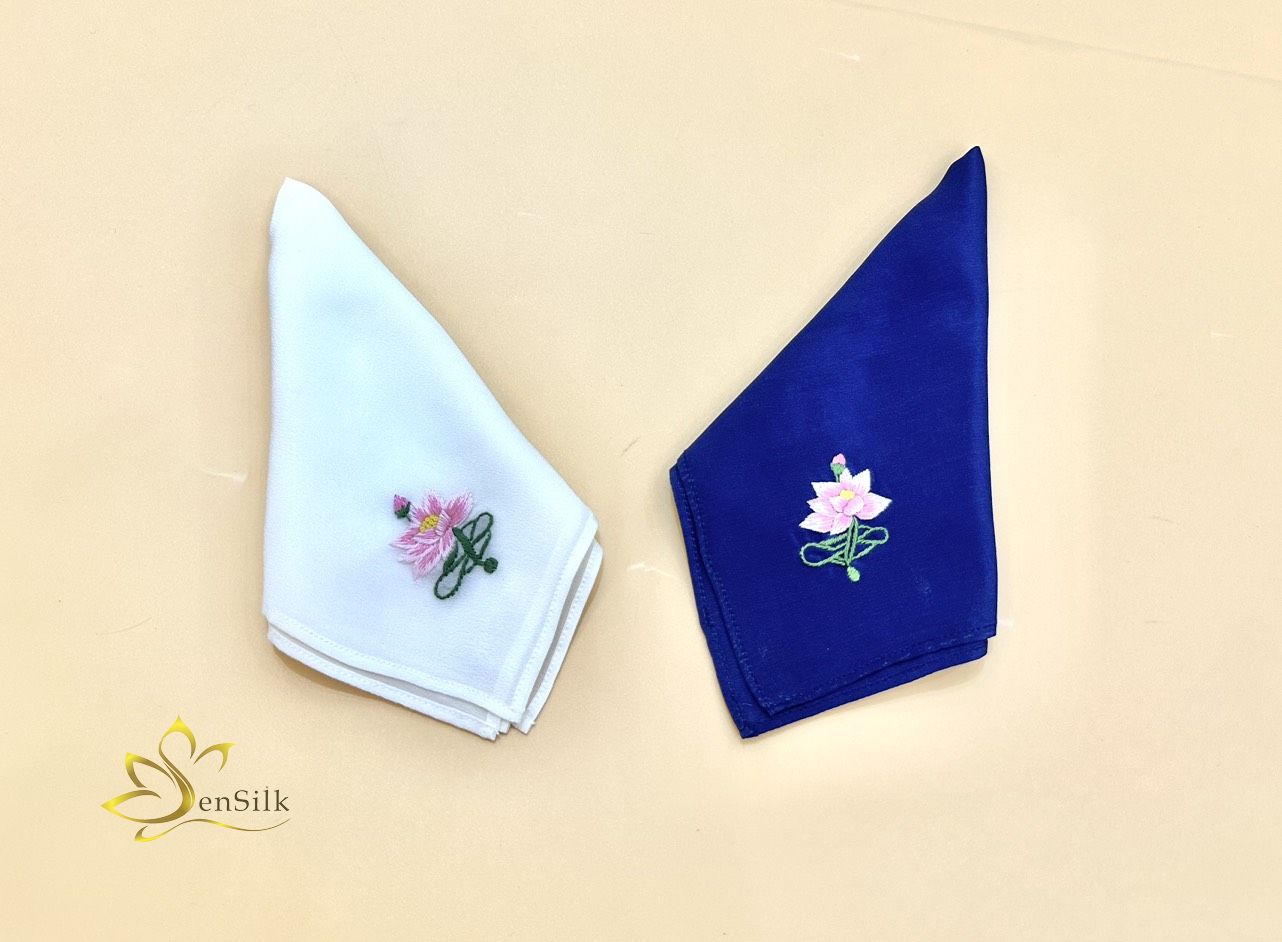 Khăn Tay Thêu Sen Silk 100% Lụa Tơ Tằm Thuần Việt - Silk Handkerchief Hand Embroidery - Pocket Square Silk Handmade - Quà Tặng Đối Tác