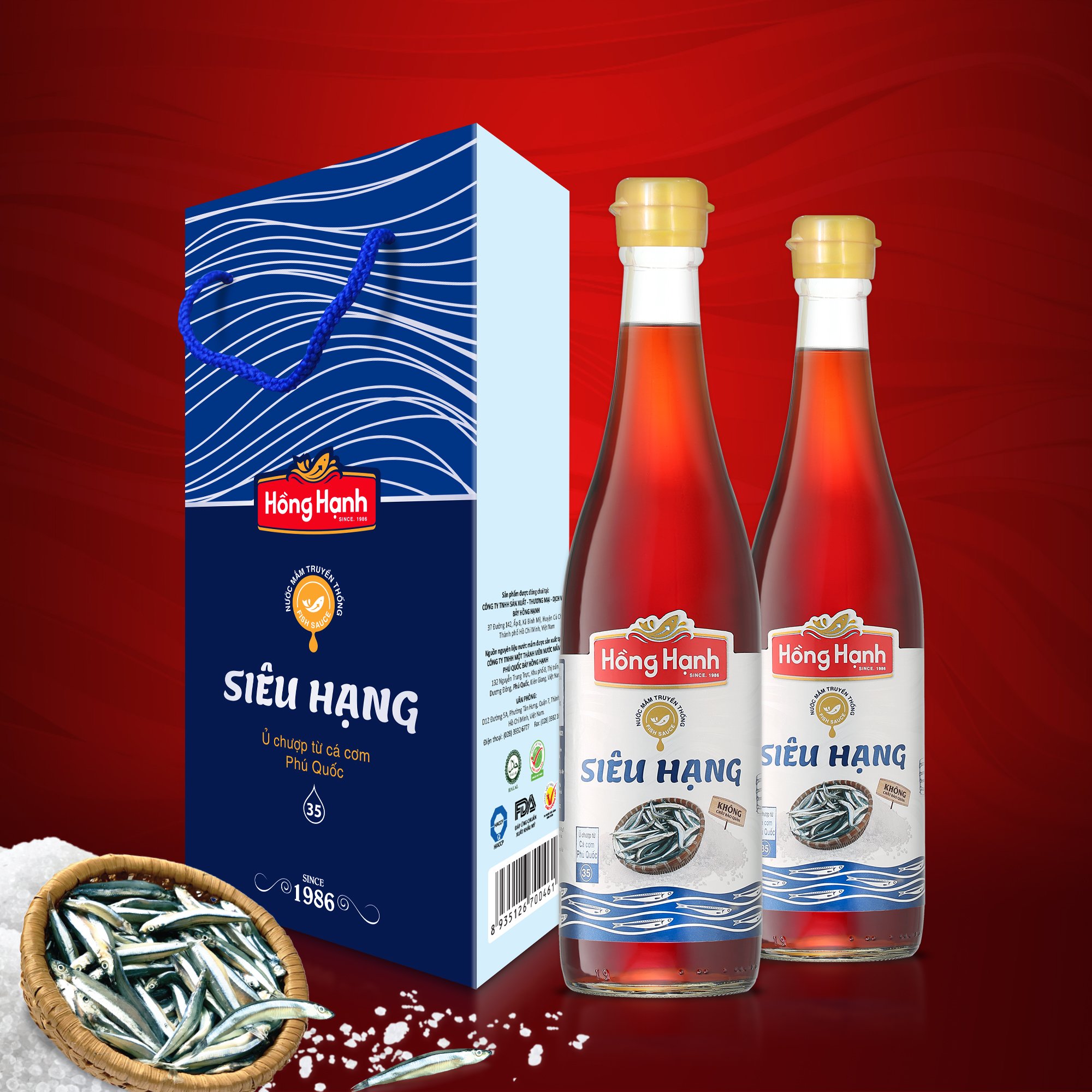 Hộp 2 chai nước mắm truyền thống Phú Quốc Hồng Hạnh Siêu Hạng 35 độ đạm, dung tích 500ml- Chấm, kho đúng điệu