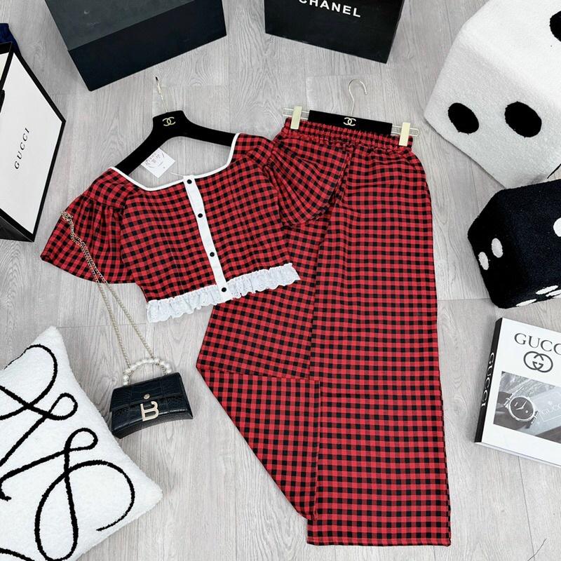 SET ÁO CARO CỔ VUÔNG PHỐI REN MIX QUẦN SUÔNG