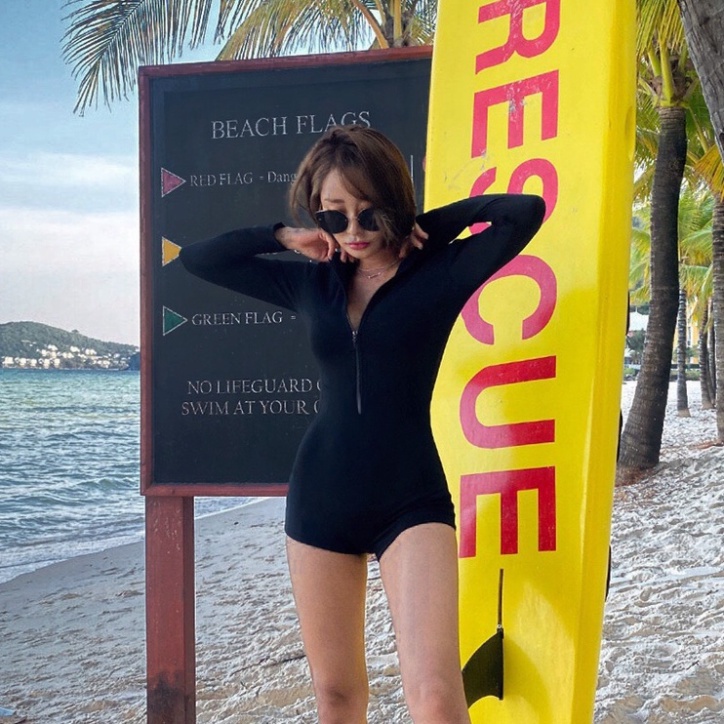 Bikini, Đồ bơi nữ có tay khóa kéo màu ĐEN FORM SHORT sành điệu kín đáo co dãn thoải mái