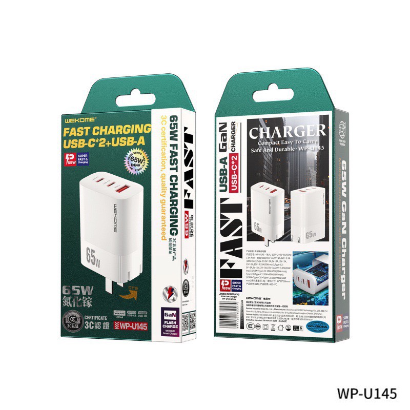 Củ Sạc Nhanh Đa Năng 65W WEKOME - WP U145, 2 Cổng C - 1 USB - Hàng Chính Hãng