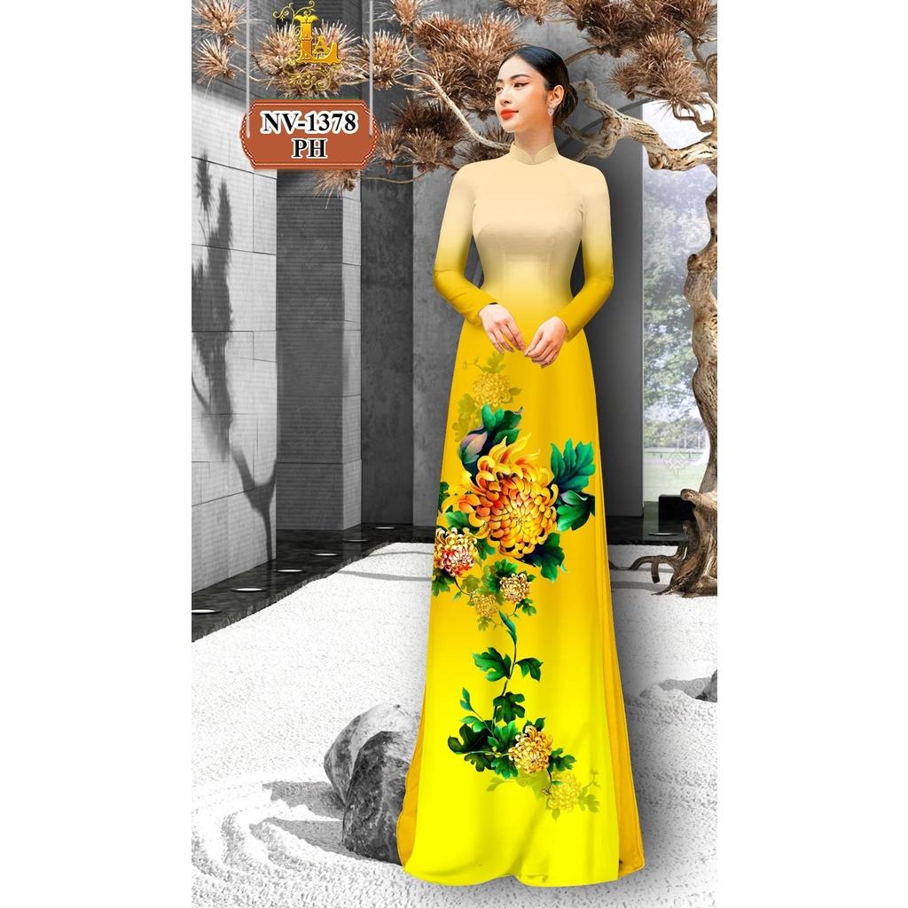 Nha Le - Vải May Áo Dài Hạo Tiết Hoa Cúc Đại Đóa, Chất Liệu Lụa Hồng Anh Cao Cấp Co dãn 4 Chiều