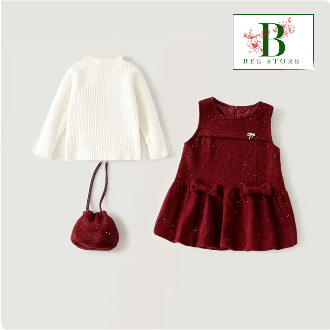 Set Đầm Nhung Đính Đá Bé Gái &amp; Túi Đeo Tone Đỏ Từ 12-33kg Dành Cho Bé Gái