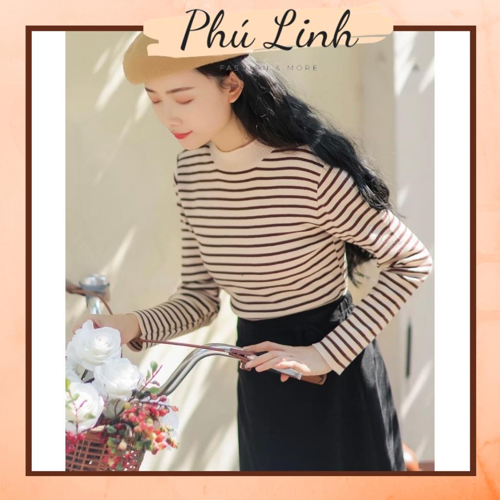 MS708 Áo len nữ dệt kim kẻ ngang cổ xoăn Quảng Châu