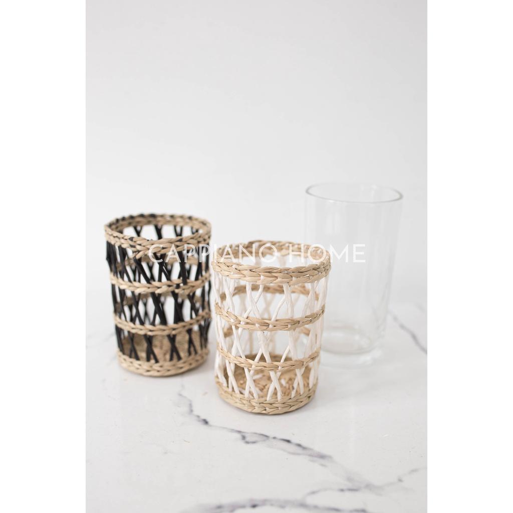 Cốc thuỷ tinh cao mix lót cói đen trắng độc đáo, cốc thuỷ tinh decor,cốc thủy tinh uống nước, cốc bày bàn tiệc|Cappiano