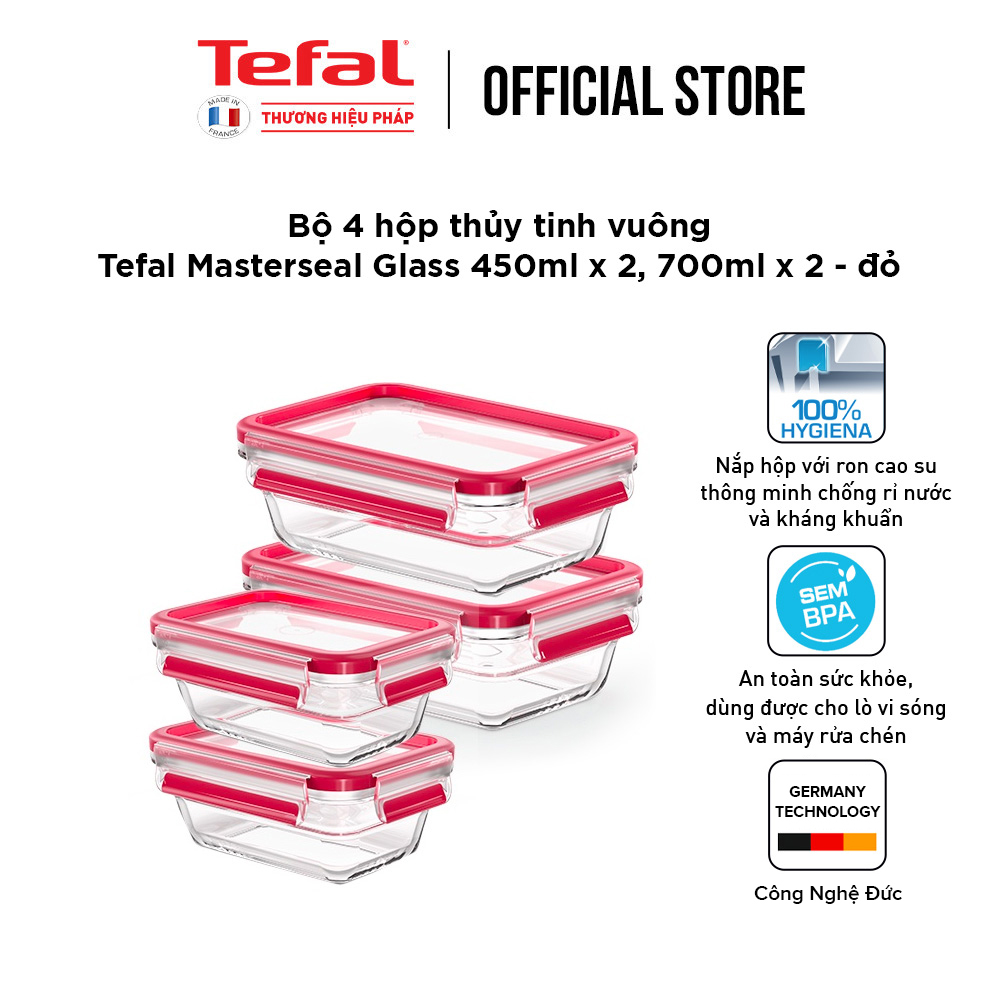 Bộ 4 hộp bảo quản thực phẩm thủy tinh Tefal Masterseal Glass (450ml x 2, 700ml x 2) - Hàng chính hãng