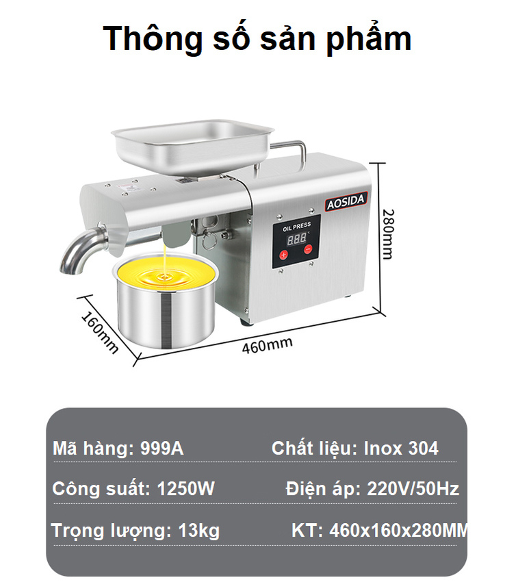 Máy ép dầu thực vật nóng và lạnh dùng trong gia đình. Thương hiệu Anh Quốc cao cấp AOSIDA - 999A. HÀNG CHÍNH HÃNG