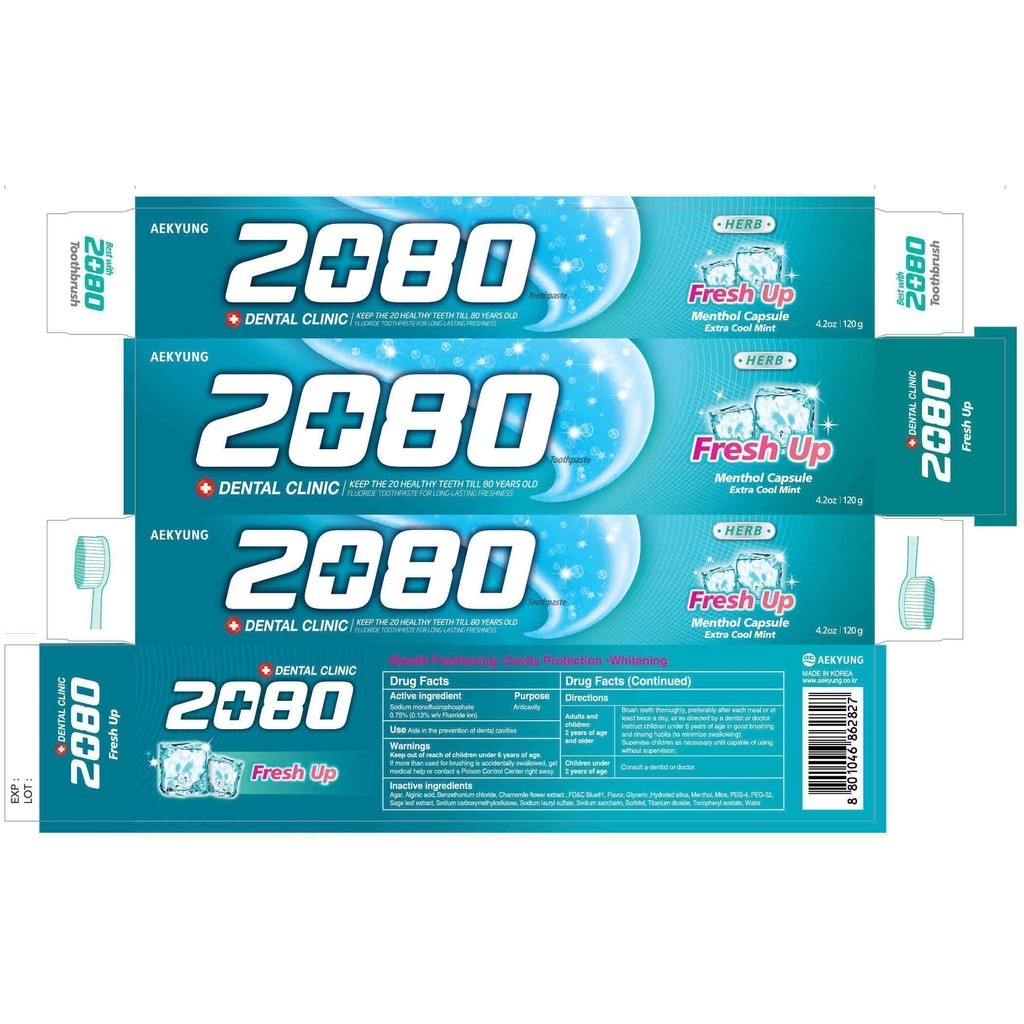 Kem đánh răng ngừa sâu răng và hôi miệng 2080 Total Mint hương bạc hà Hàn Quốc 120g
