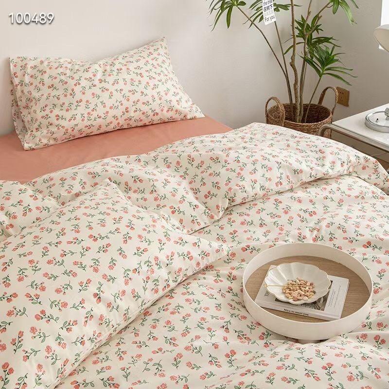 Bộ Chăn Ga Gối Cotton Living Hàng Nhập Khẩu Cao Cấp 4 Món Hoa Nhí Vintage Hồng