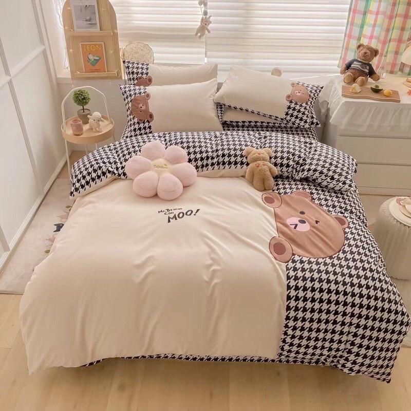 BỘ CHĂN GA GỐI NỈ SỮA GẤU TEDDY PHỐI KẺ DỄ THƯƠNG