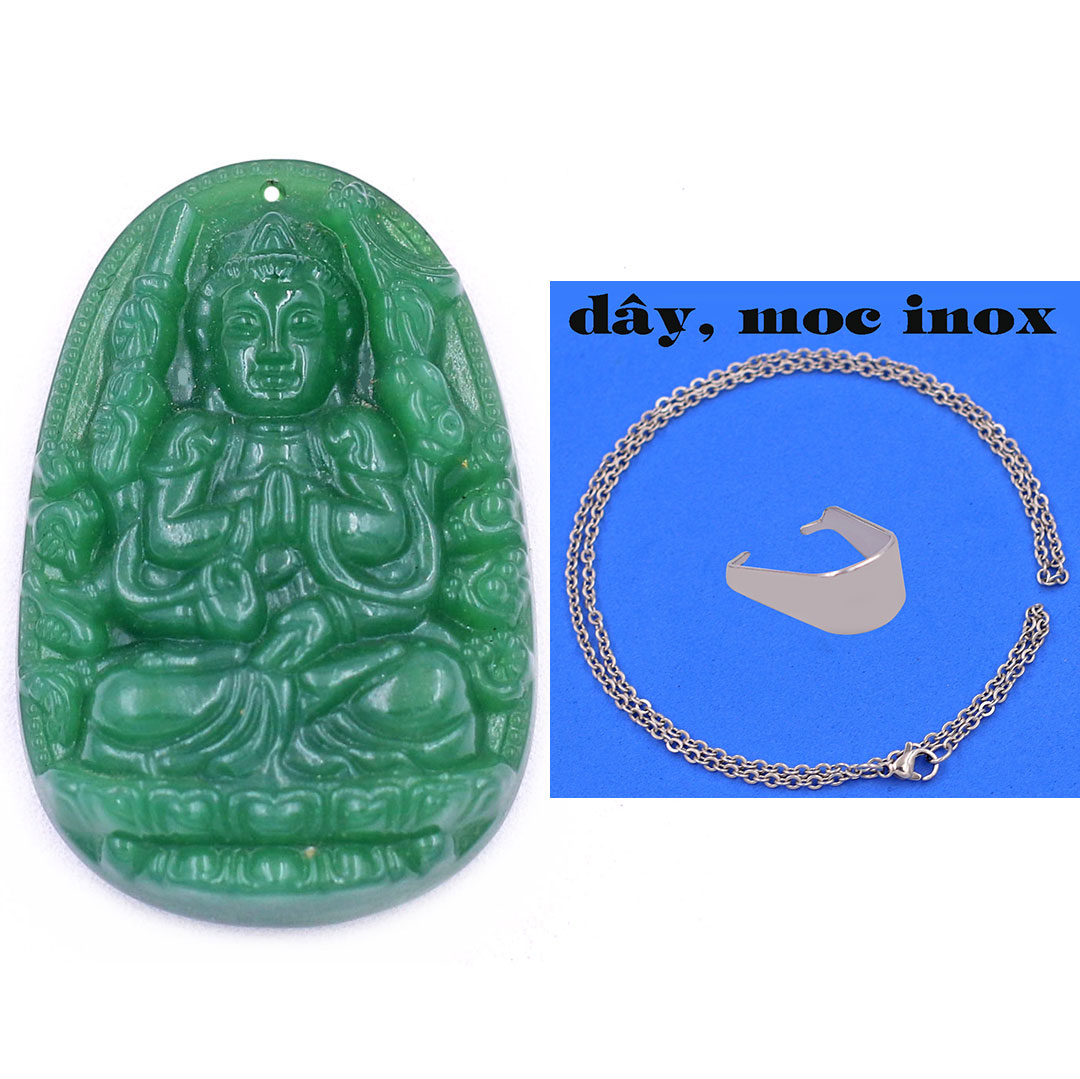Mặt Phật Thiên thủ thiên nhãn đá thạch anh xanh lá 3.6 cm kèm móc và dây chuyền inox, Mặt Phật bản mệnh, Quan âm nghìn tay nghìn mắt