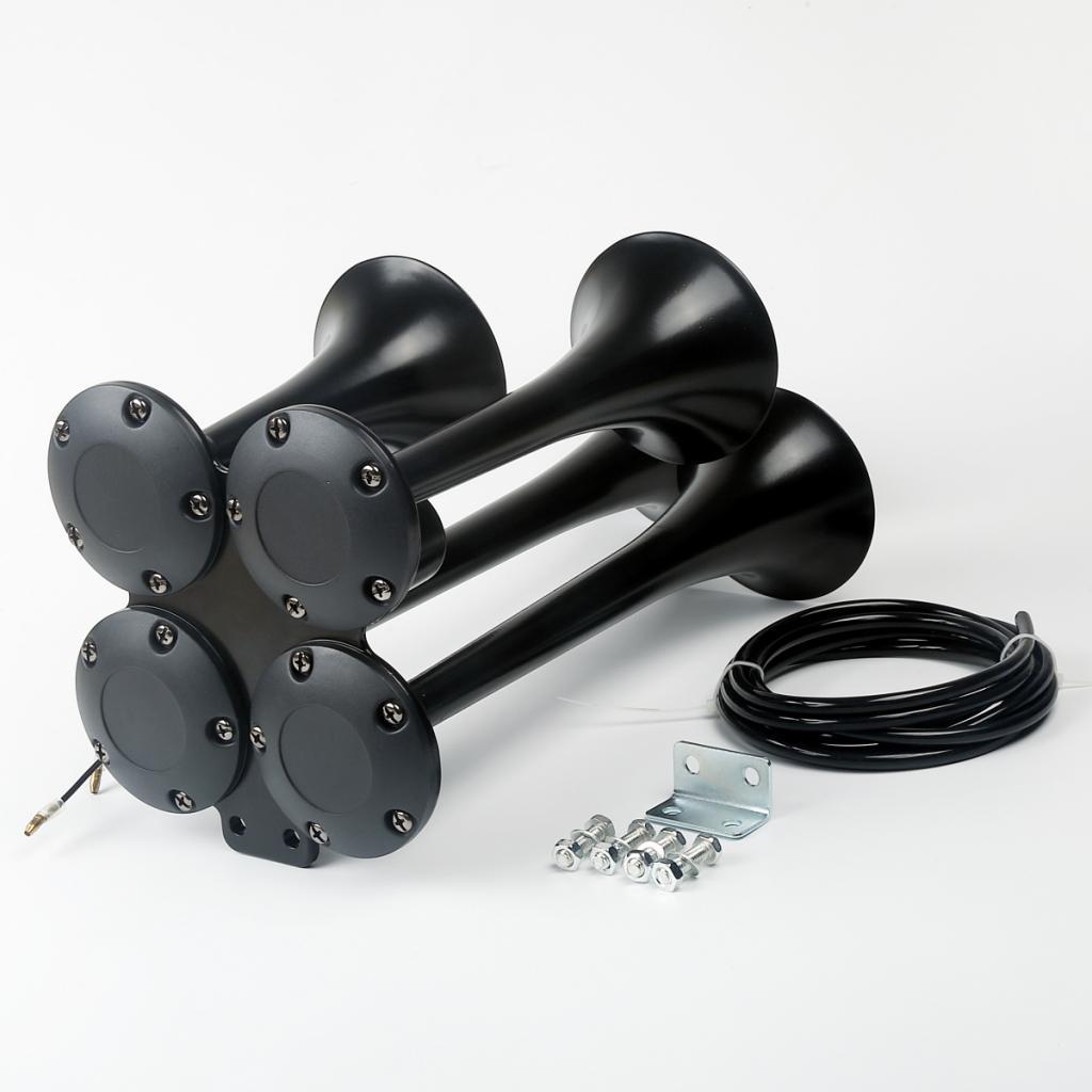 Loud 150dB 4/Four Trumpet Train Air Horn With 12V Electric Solenoid Black