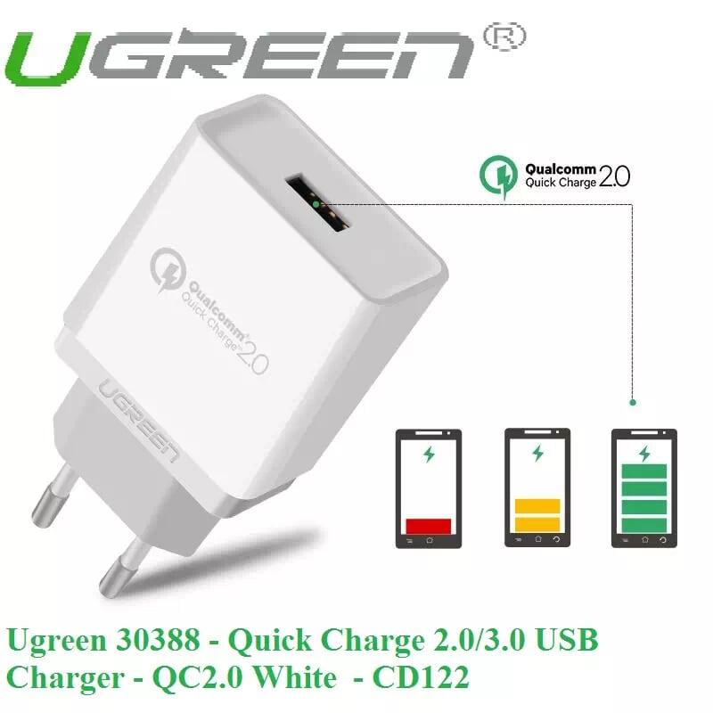 Ugreen UG30388CD122TK 18W màu Trắng Củ sạc nhanh cổng USB chuẩn QC 3.0 - HÀNG CHÍNH HÃNG