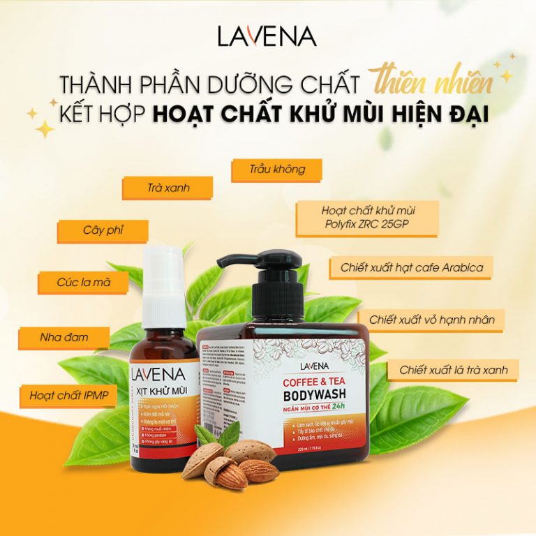 Combo Khử Mùi Cơ Thể, Hỗ Trợ Giảm Mụn Lưng, Sáng Da, Dưỡng Ẩm Lavena (Chai Xịt 30ml + Sữa tắm 220ml)