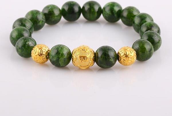 Vòng tay phong thuỷ đá Diopside thiên nhiên 10 ly mix Charm Omshantig Vàng 24k