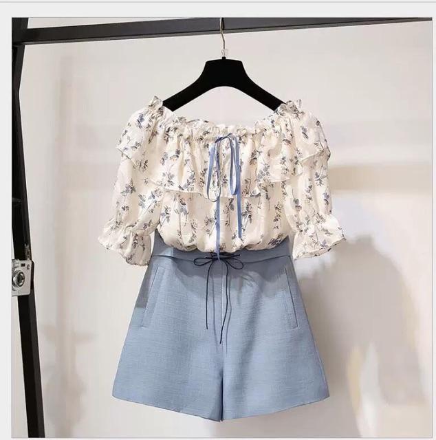 Set áo voan hoa mix quần short nữ tính