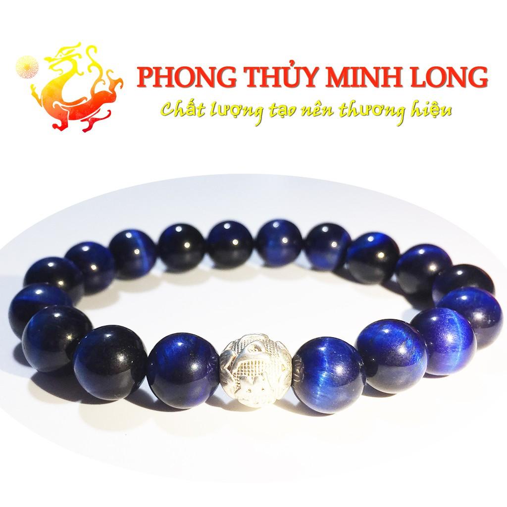 Vòng tay đá Mắt Hổ Xanh Dương chất lượng 5A mix 1 hạt kim tiền Bạc hợp mệnh thủy và Mộc
