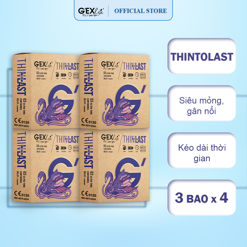 Hình ảnh Combo 4 hộp bao cao su G'EXlife ThintoLast siêu mỏng, gân nổi, ôm sát (3 bao/hộp)