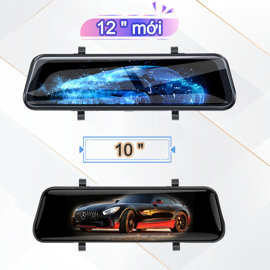 Màn Hình 12 Inch Ips Cảm Ứng Gương Dash Cam, 2K +Full Hd 1080P Kép Trước Sau Ghi Hình Cùng Lúc Được, Có Wifi Và GPS, Quay Đêm Rõ Nét,Cảnh Báo Va Chạm,Hỗ trợ Lùi Xe