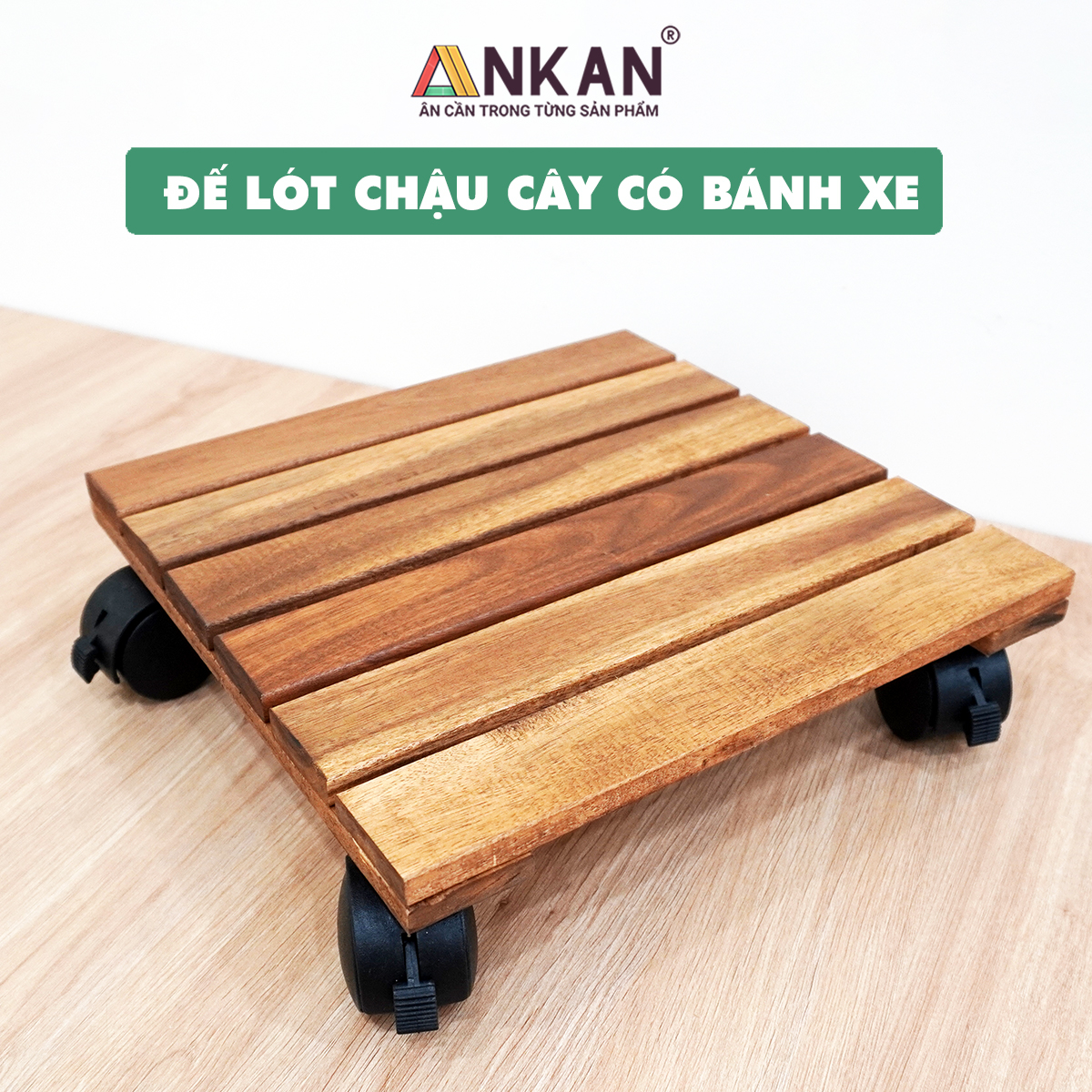 Đế Lót Chậu Cây Có Bánh Xe Dùng Để Chậu Cây Chậu Hoa Ngoài Trời Hoặc Trong Văn Phòng Giúp Không Gian Gọn Gàng Sạch Sẽ - Đế Vuông Màu Vàng Cạnh 30Cm Gỗ Tràm Bền Bỉ Thương Hiệu ANKAN