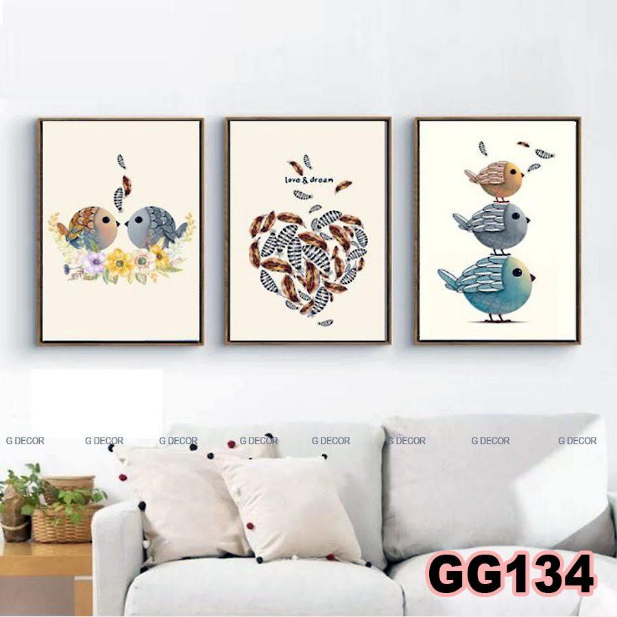 Tranh treo tường canvas 3 bức phong cách hiện đại Bắc Âu 134, tranh chim trang trí phòng khách, phòng ngủ, phòng ăn,spa