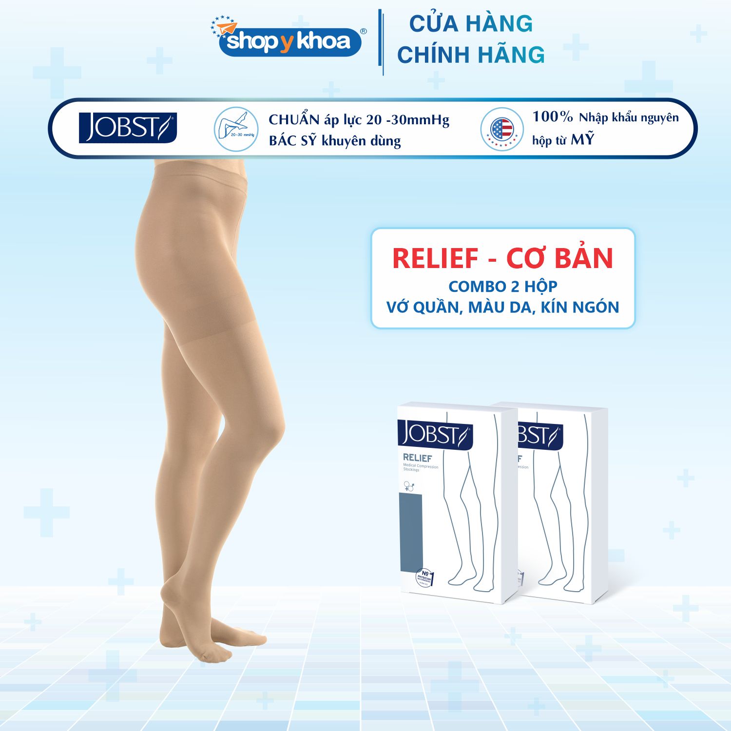 Combo 2 đôi Vớ y khoa quần JOBST Relief - Cơ bản, màu da, kín ngón, 20-30mmHg, giãn tĩnh mạch chân (tất y khoa)
