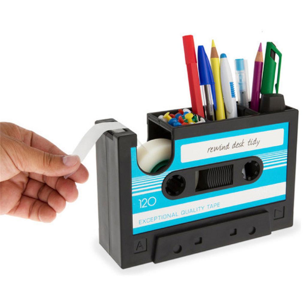 Vintage Cassette Style Tape Dispenser Pen Holder Pencil Container Stationery Organizer Tape Cutter