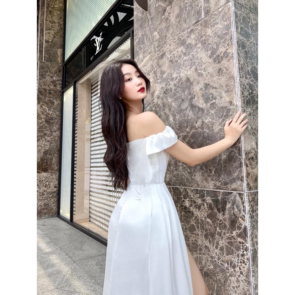 STORY Đầm Scarlett dự tiệc chéo vai sang trọng xẻ tà lụa satin cao cấp thời trang nữ Story.clothes