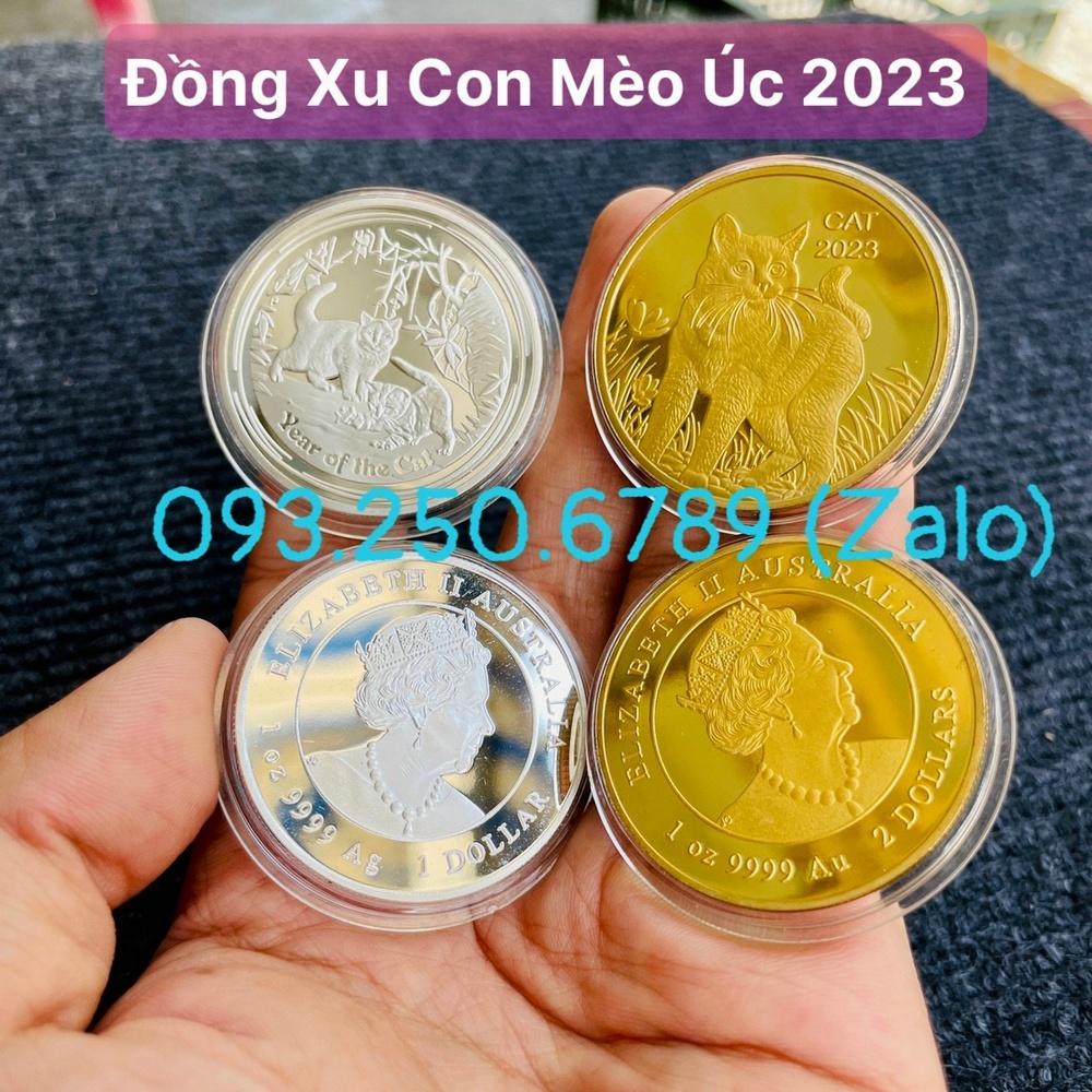 Combo Có Đế Trưng Bày Xu + Cặp Đồng xu con Mèo vàng bạc sang chảnh, Tiền lì xì tết 2023 , NELI