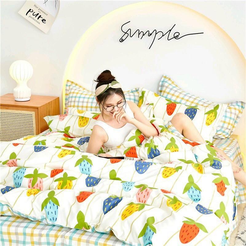 Bộ chăn ga Cotton poly M2T Bedding chăn ga Hàn Quốc họa tiết dâu ngũ sắc đủ size miễn phí bo chun