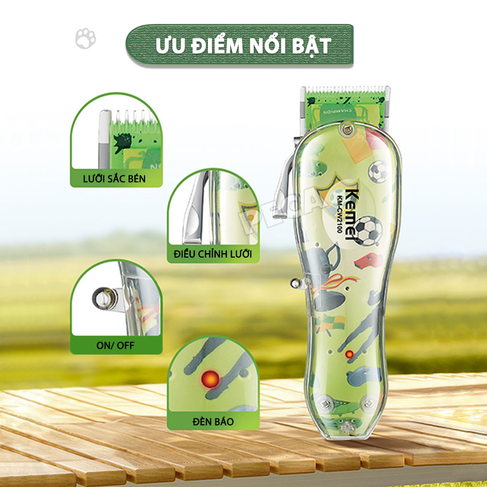 Tông đơ cắt lông thú cưng Kemei KM-CW2100 sử dụng không dây có thể cắt cho chó, mèo...công suất mạnh 5W - Hàng chính hãng