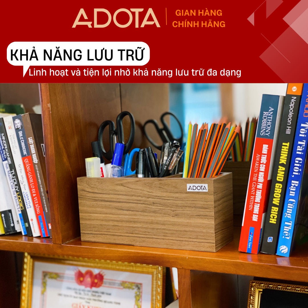 Combo 3 hộp cắm bút bằng gỗ (hộp cắm bút đơn, hộp cắm bút đôi và hộp cắm bút 3 ngăn) để bàn làm việc cao cấp phong cách sang trọng ADOTA