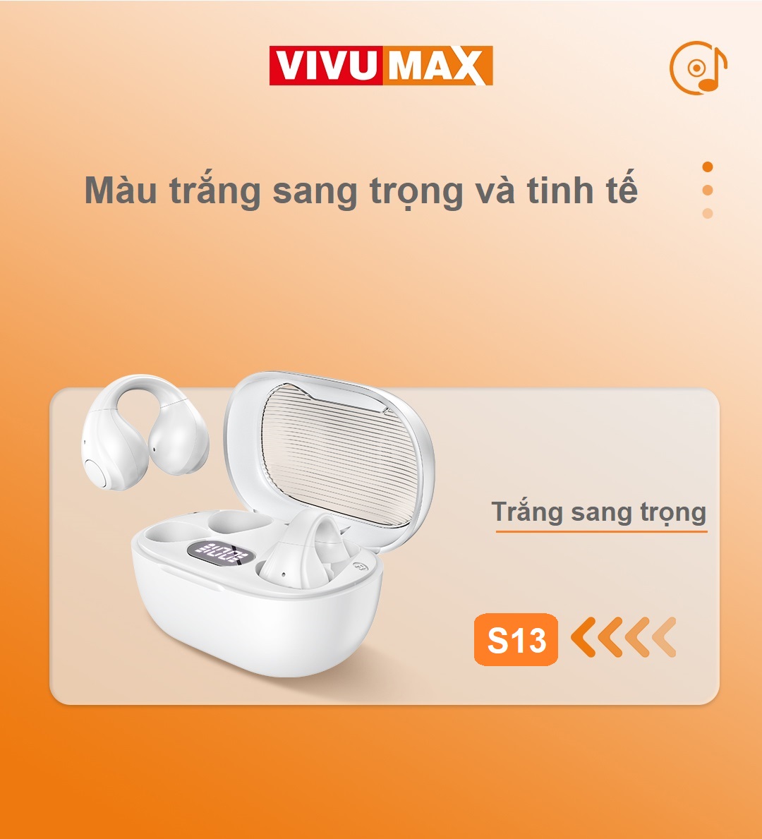 Tai Nghe Không Dây Kẹp Tai TWS Vivumax Sport 1 (S13) màu trắng - Hàng Chính Hãng, Bảo Hành Chính Hãng