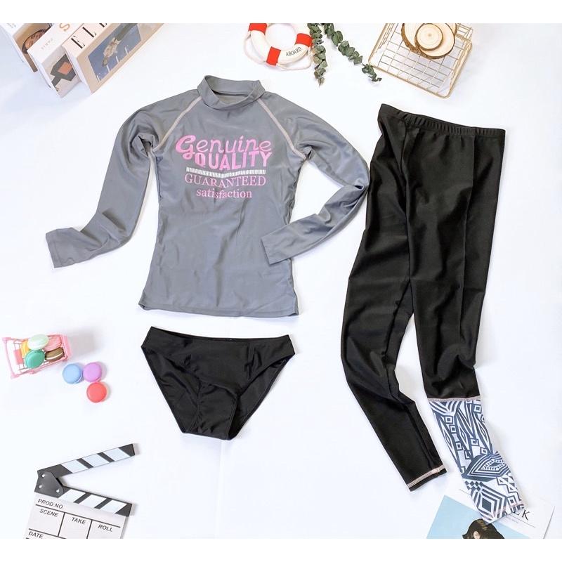 Đồ bơi bikini nữ dài tay quần dài xám chữ hồng chống nắng hàng nhập QC siêu xinh