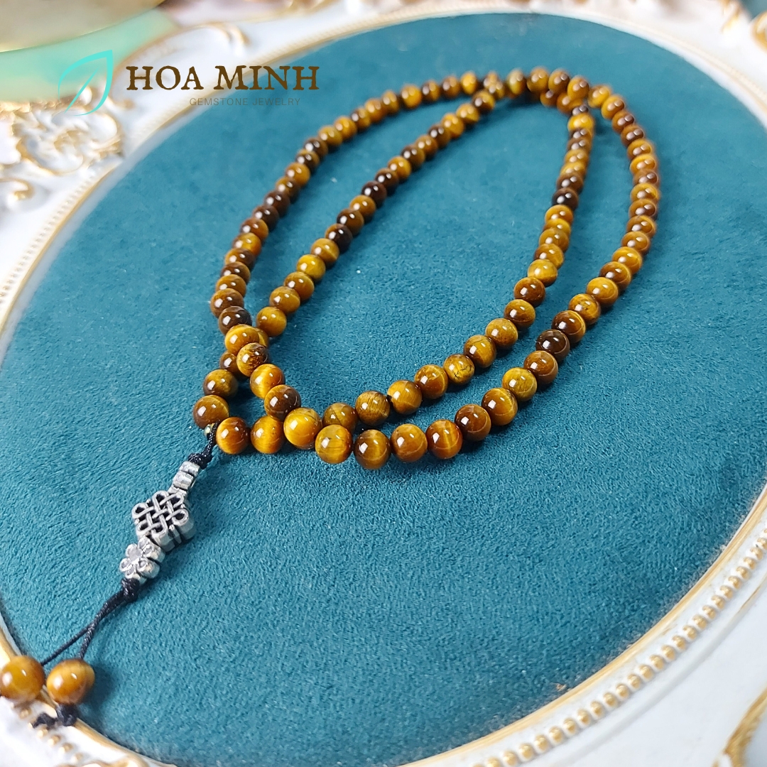 Vòng tay đá Mắt Hổ vàng nâu VIP 5A tự nhiên chuỗi 108 hạt size 6 li phối charm cát tường hoa mai bình an, lộc phát