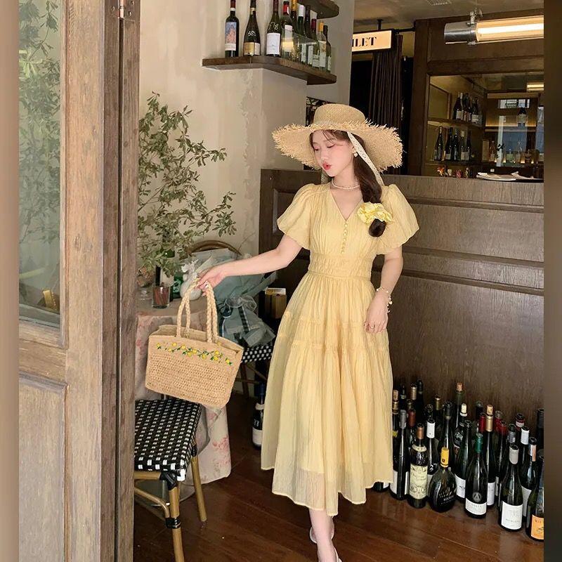 TOBE1SHOP DbyDoi Pháp Vintage dịu dàng gió hiển thị gầy v-cổ tiên nghỉ mát gió váy đầm đầm dài cho trẻ em mùa hè